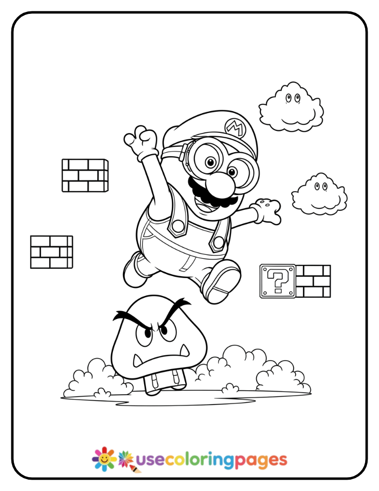 Minion Dressed as Mario Jumping Over a Goomba Coloring Page