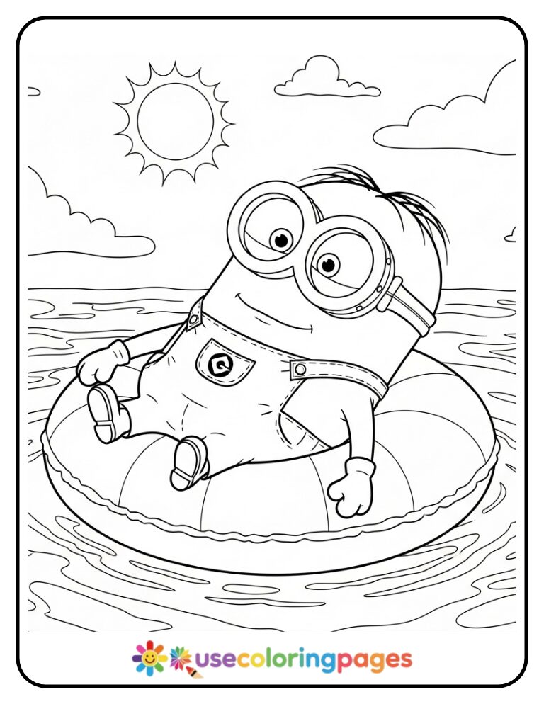 Minion Floating on an Inflatable Pool Ring Coloring Page