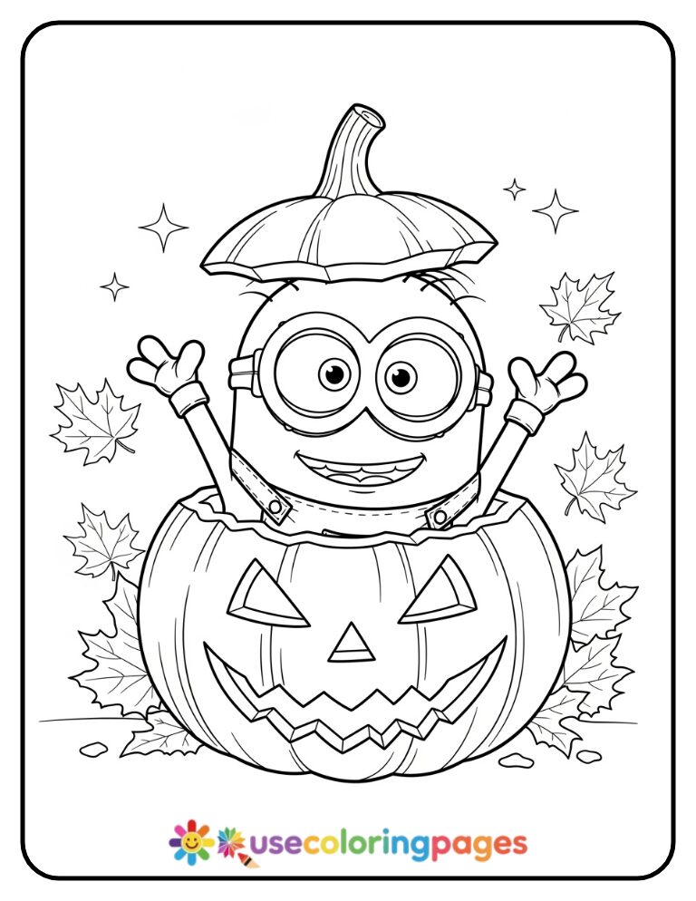 Minion Hiding Inside a Jack-o'-Lantern Coloring Page