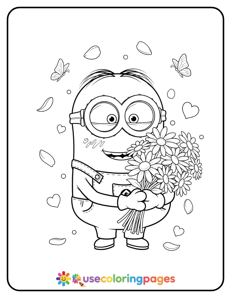 Minion Holding a Bouquet of Flowers Coloring Page