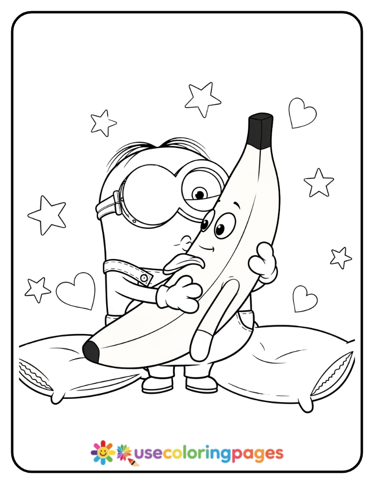Minion Hugging a Banana Plush Toy Coloring Page