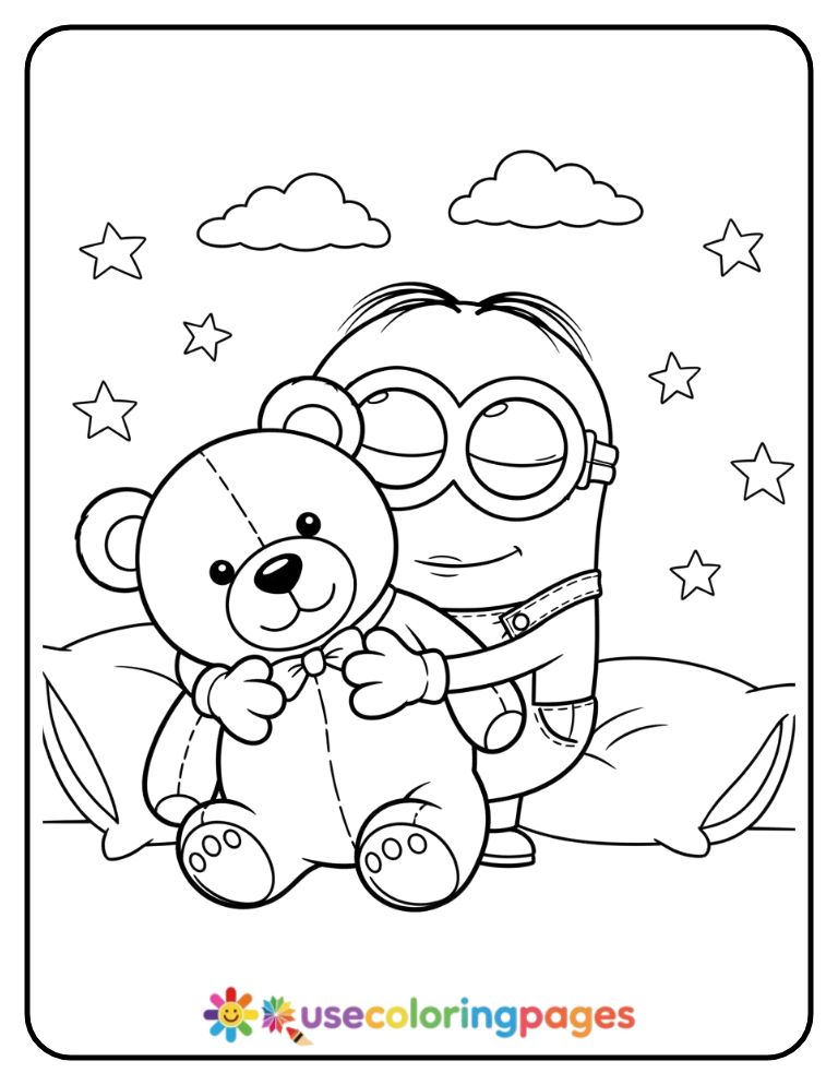 Minion Hugging a Giant Stuffed Animal Coloring Page