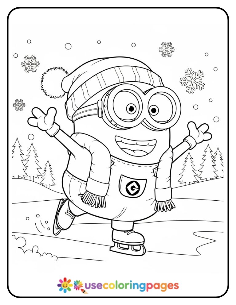 Minion Ice Skating on a Frozen Pond Coloring Sheet