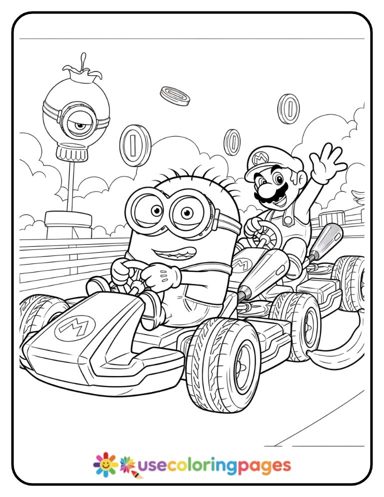 Minion Kart Racing with Mario Coloring Page