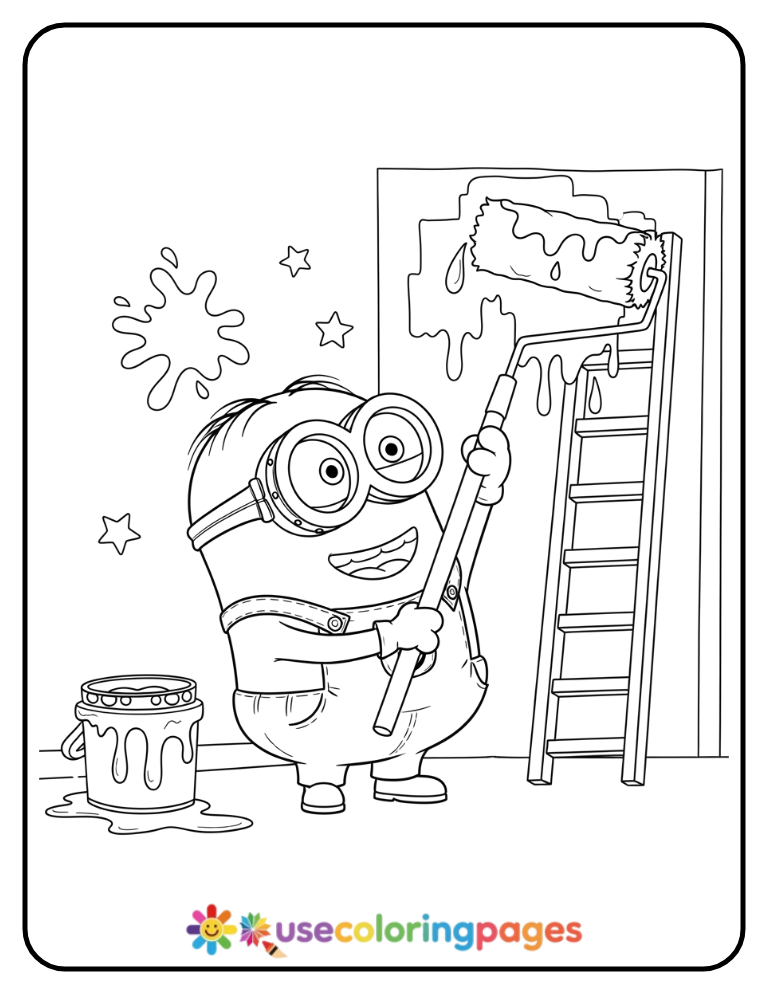 Minion Painting a Wall with Roller Brush Coloring Page