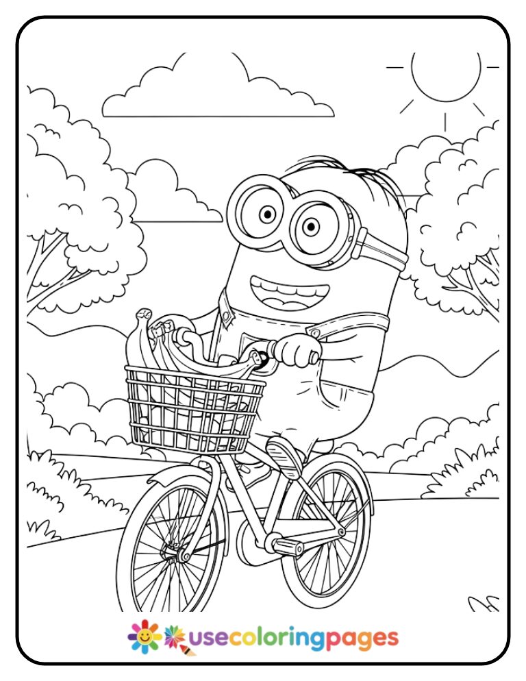 Minion Riding a Bicycle with a Basket Coloring Page