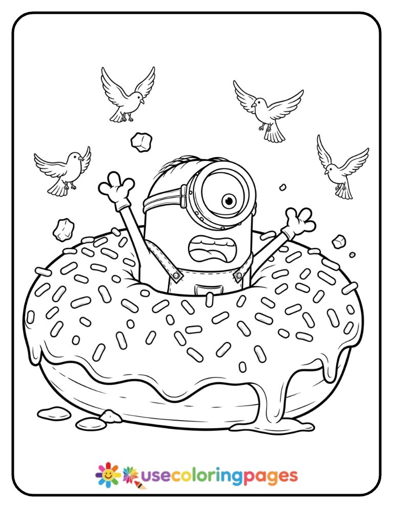 Minion Stuck Inside a Giant Donut Coloring Page