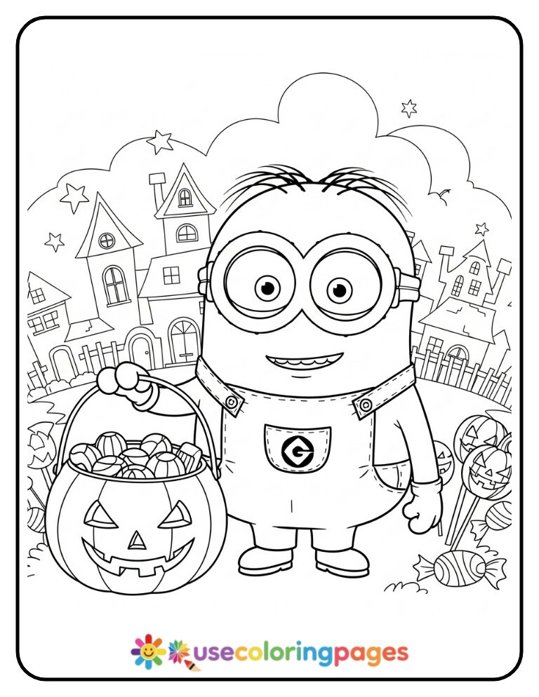 Minion Trick-or-Treating with a Candy Bucket Coloring Page