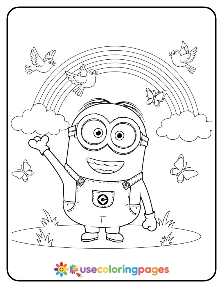 Minion Waving Hello Beside a Rainbow Coloring Page