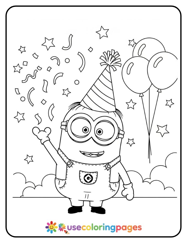 Minion Wearing Party Hat and Throwing Confetti Coloring Page