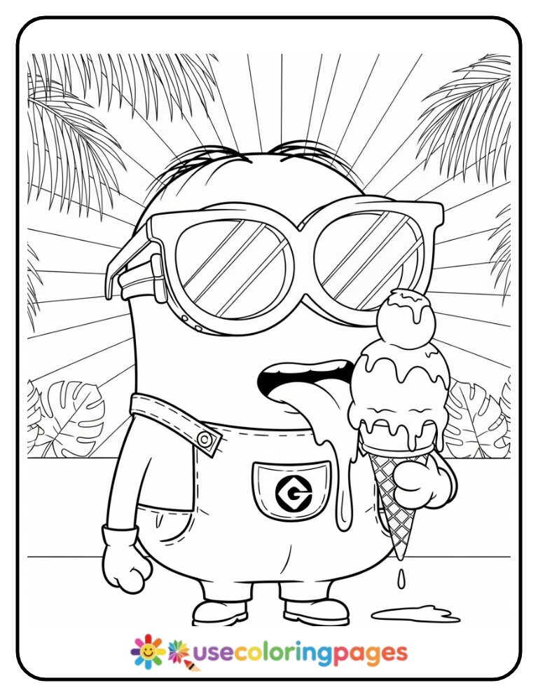 Minion Wearing Sunglasses and Eating Ice Cream Coloring Page
