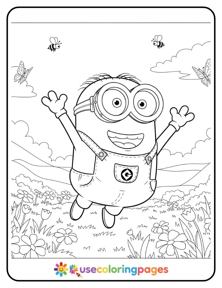 Minion in Overalls Jumping Through a Field Coloring Page