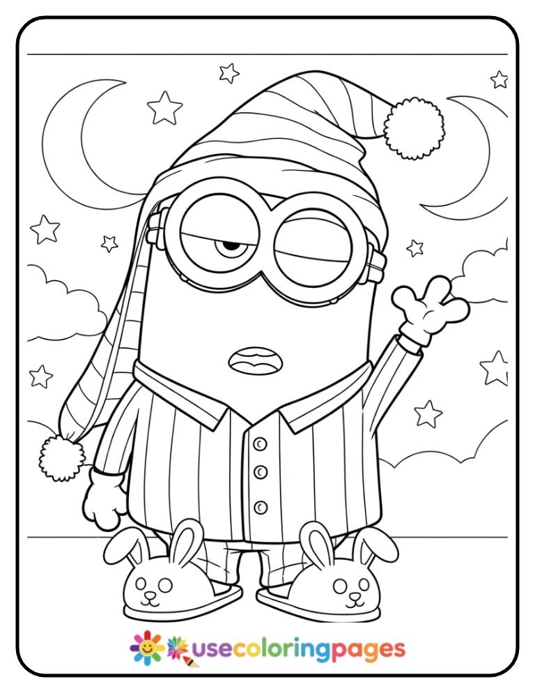 Minion in Pajamas and Bunny Slippers Coloring Page