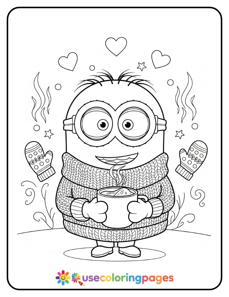 Minion in a Cozy Sweater Holding Cocoa Coloring Page