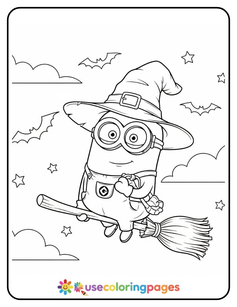 Minion in a Witch Hat Riding a Broom Coloring Page