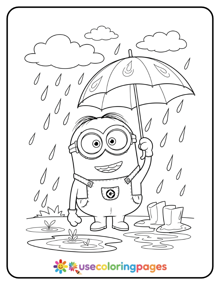 Minion with an Umbrella in the Rain Coloring Page