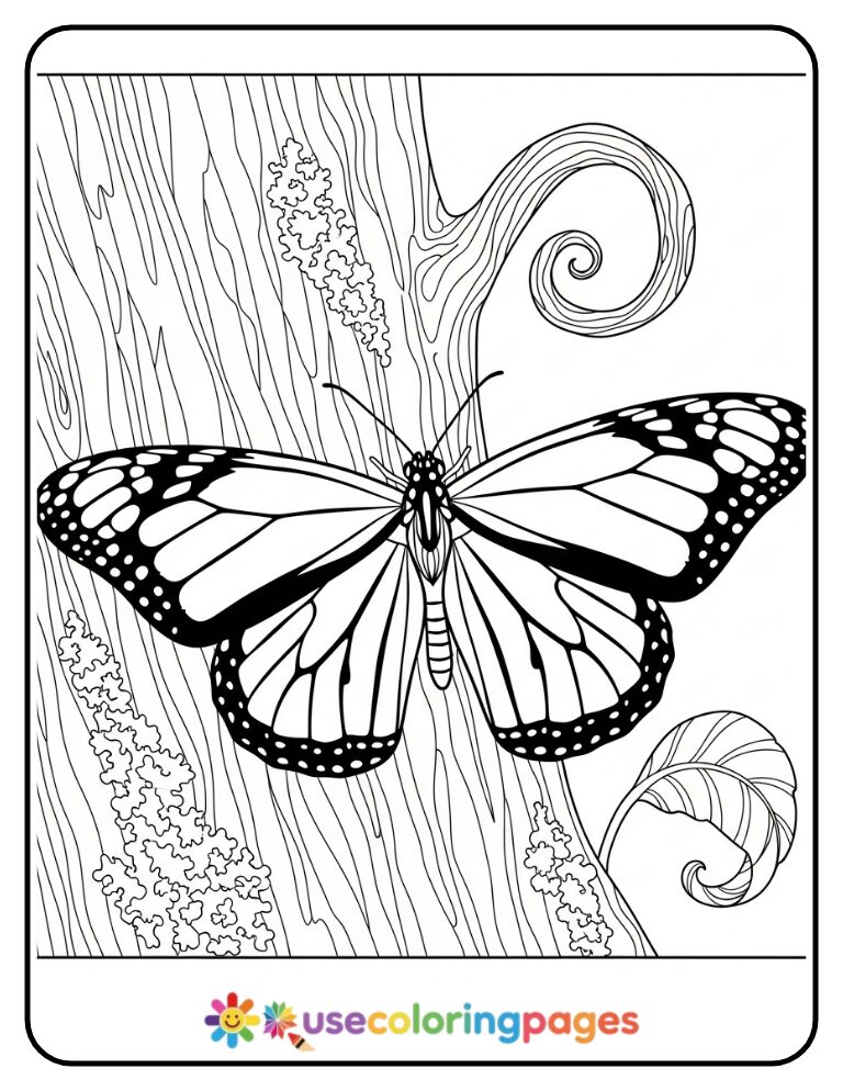 Monarch Butterfly Resting On Tree Bark Coloring Page