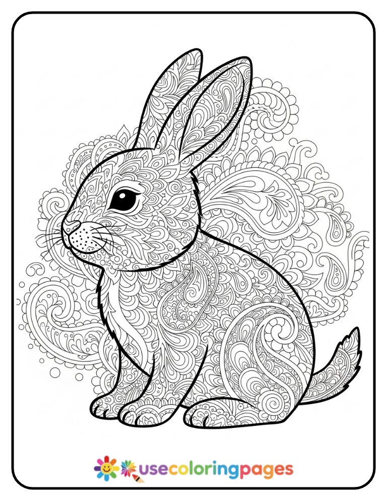 Ornamental Bunny Surrounded by Paisley Designs Coloring Page
