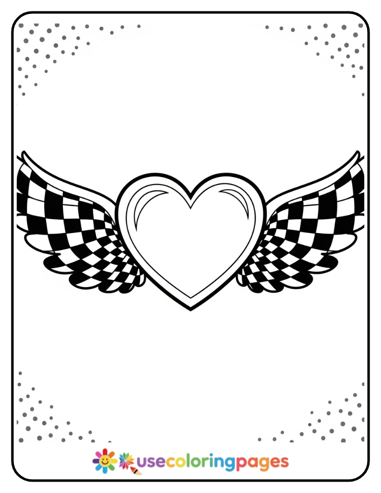 Patterned Heart with Checkerboard Wings Coloring Page