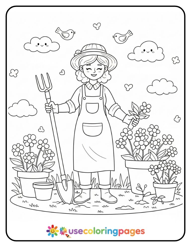 Peaceful Gardening Scene Coloring Page Printable