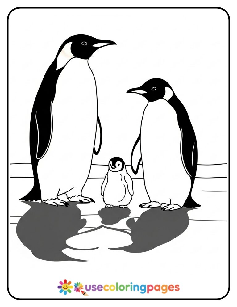Penguin Family on Ice with Heart Shadows Coloring Page