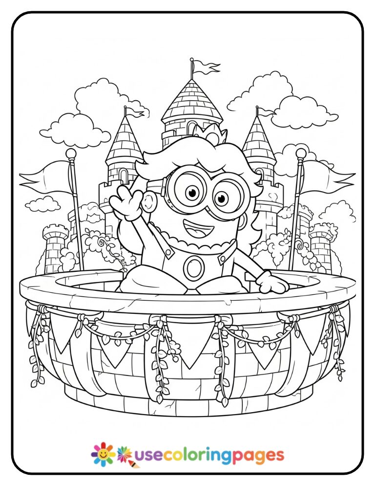 Princess Peach Minion Waving from a Castle Balcony Coloring Page