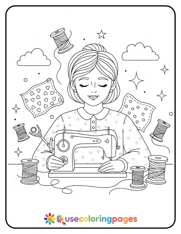 Quiet Sewing Afternoon Coloring Page Printable
