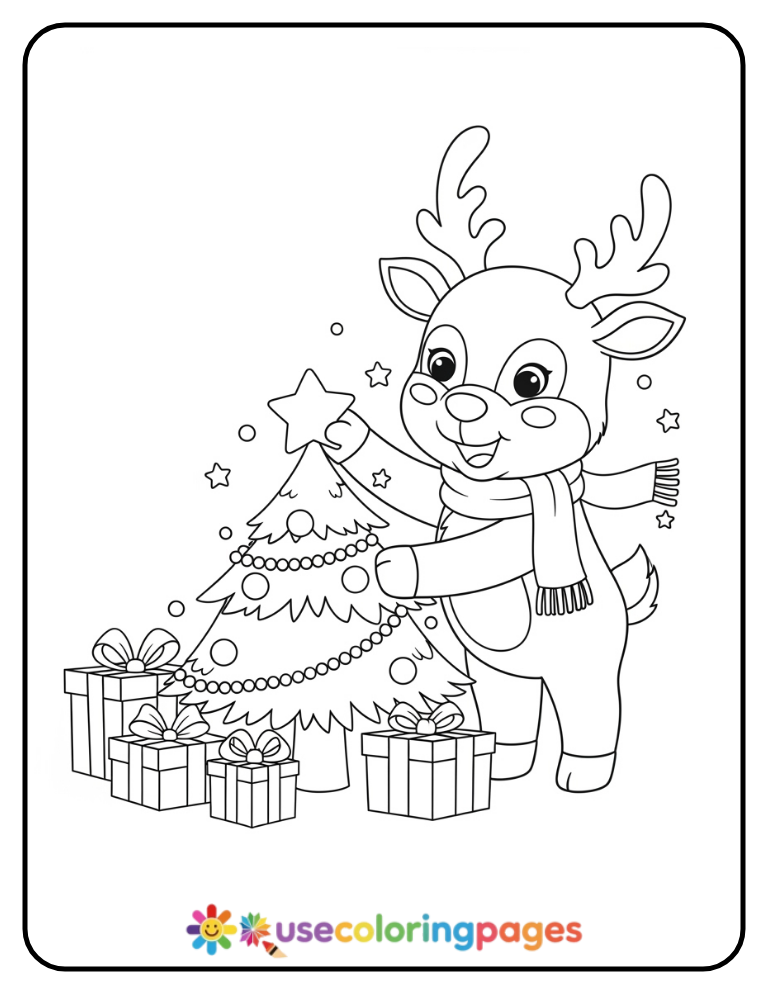 Reindeer Decorating a Mini Tree Coloring Page