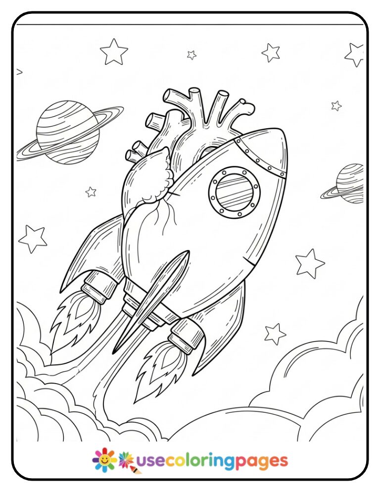 Rocket-Powered Heart in Outer Space Coloring Page