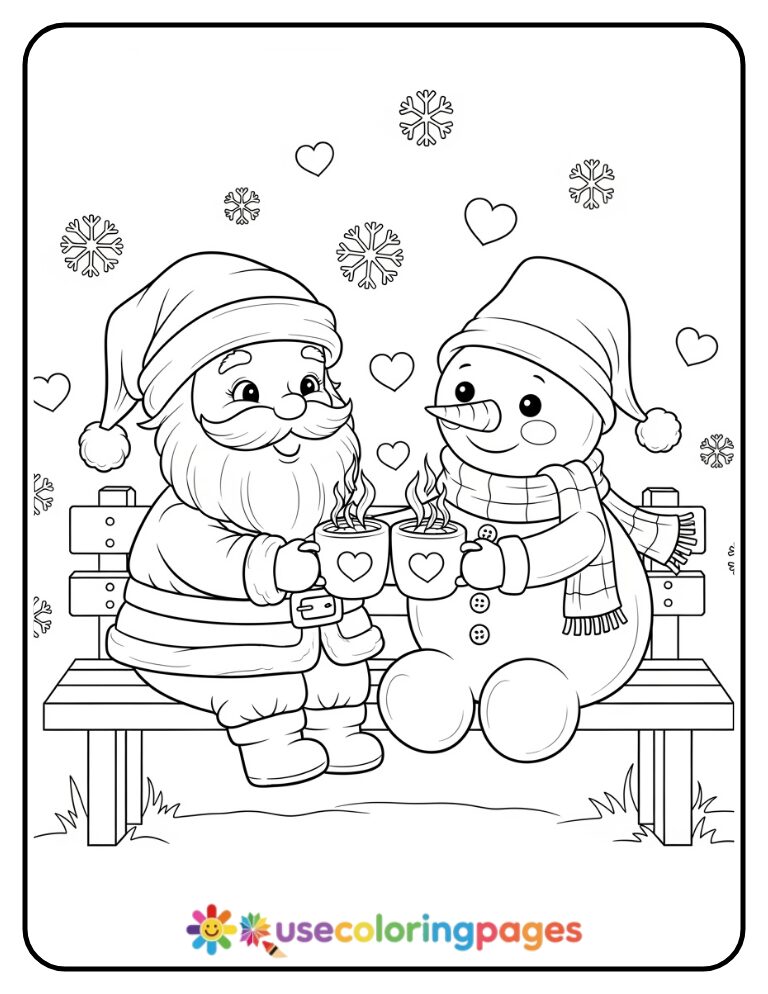 Santa and Snowman Sharing Hot Cocoa Coloring Page