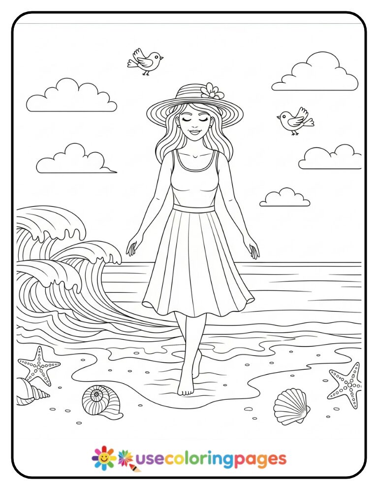 Serene Beach Walk Coloring Page Printable