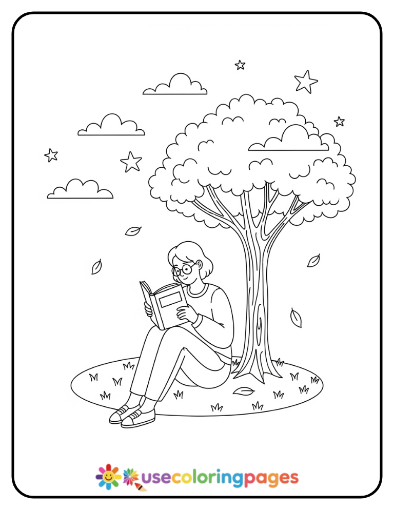 Serene Book Reading Coloring Page Printable