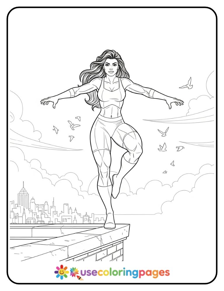 She-Hulk Balancing on Rooftop Coloring Page Printable