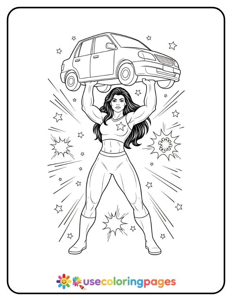 She-Hulk Lifting A Car Overhead Coloring Page Printable