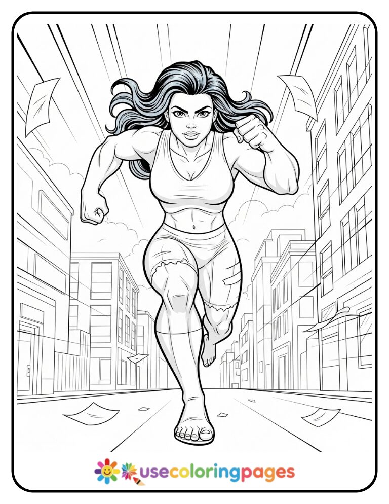 She-Hulk Sprinting Through City Streets Coloring Page Printable
