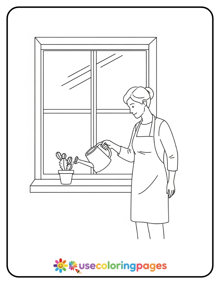 Simple Cactus Watering Coloring Page Printable