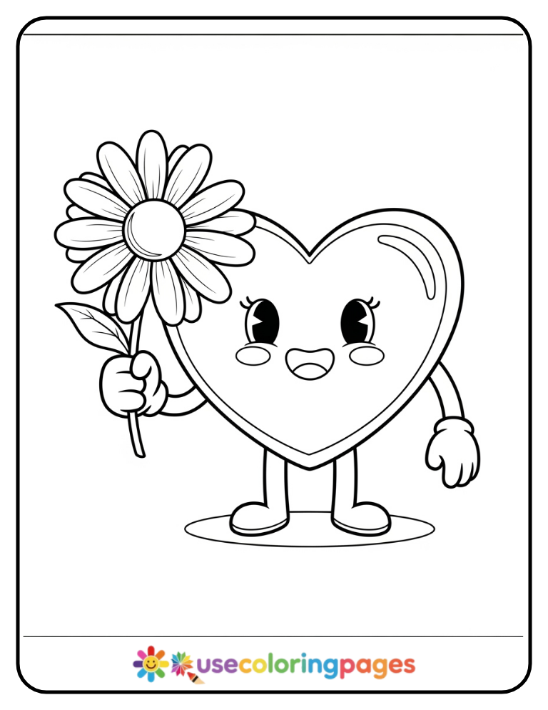 Simple Heart Holding Flower Coloring Page