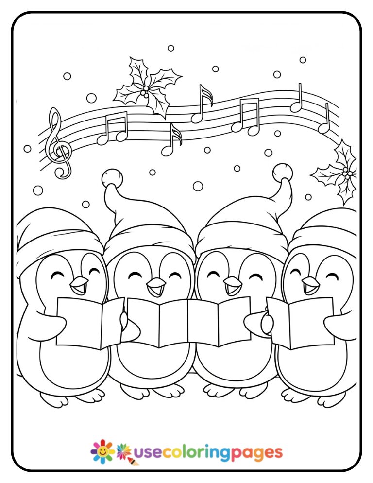 Singing Penguin Choir with Santa Hats Coloring Page