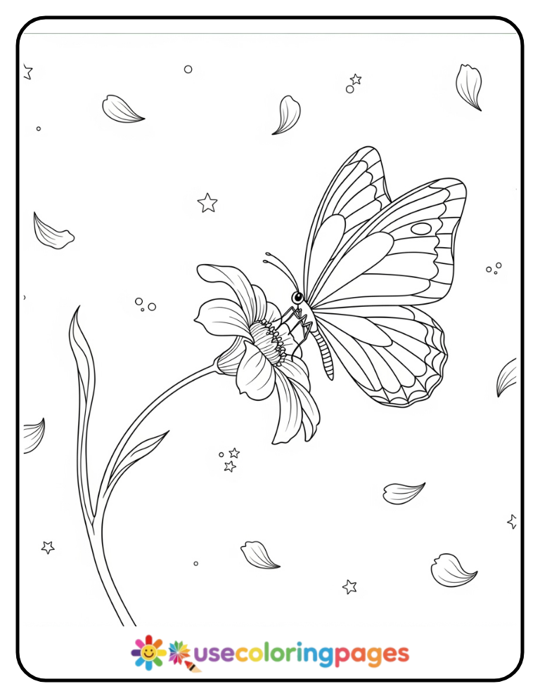 Single Butterfly With Flower Stem Coloring Page