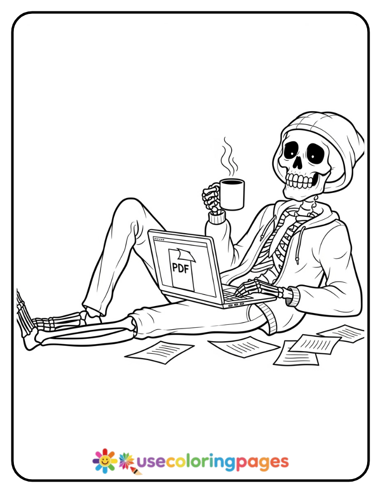 Skeleton Lounging with Laptop Coloring Pagek PDF Coloring Page