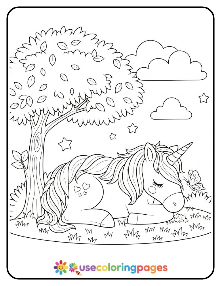 Sleeping Unicorn And Butterfly Coloring Page