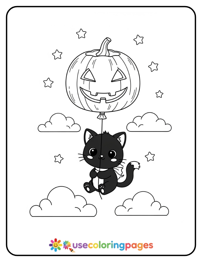 Smiling Black Cat Balloon Ride Coloring Page Printable
