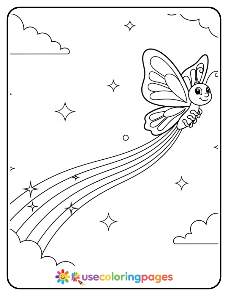 Smiling Butterfly With Rainbow Trail Coloring Page