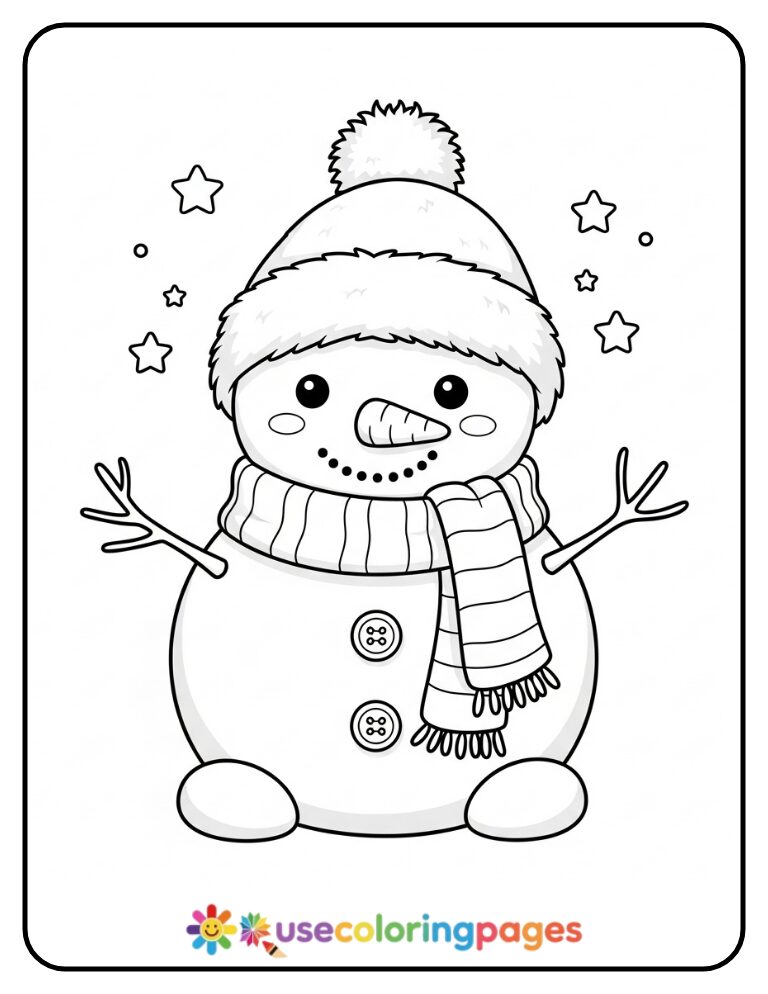 Snowman Wearing a Big Wooly Hat Coloring Page