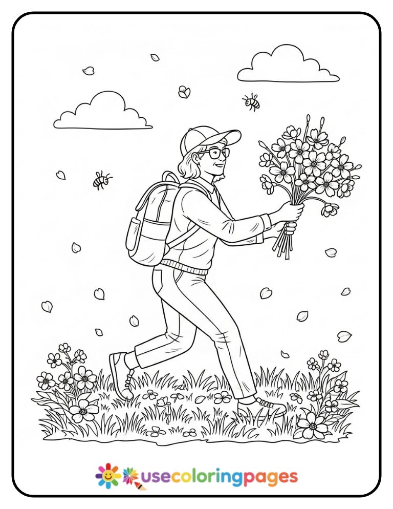Spring Blossom Gathering Coloring Page Printable