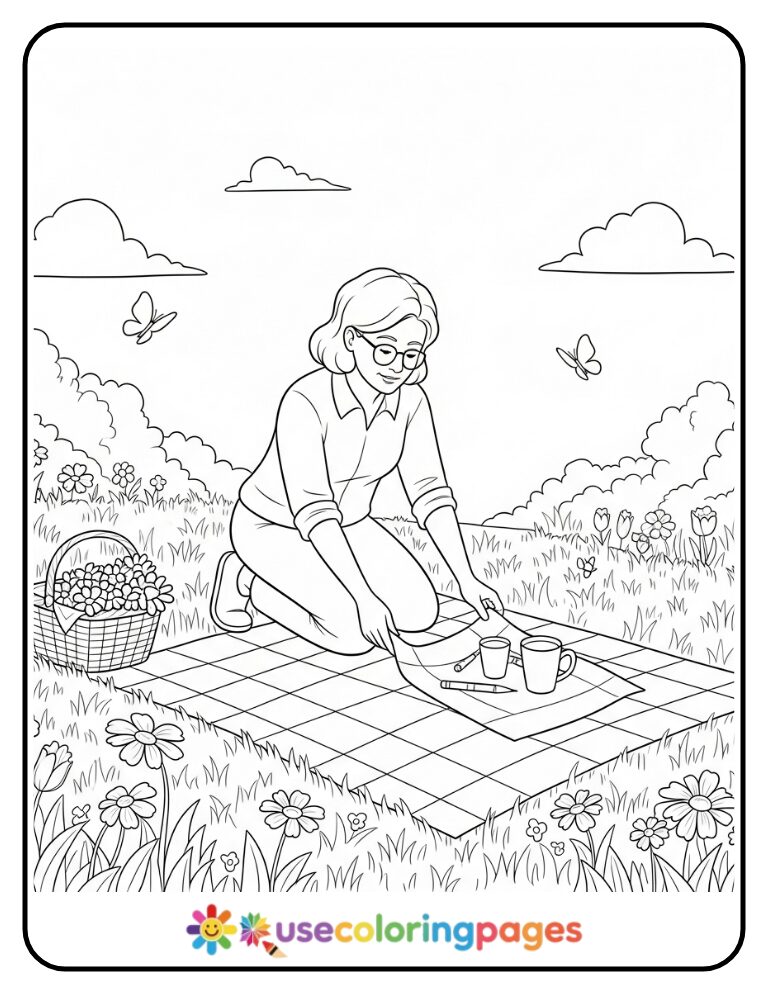 Spring Meadow Picnic Coloring Page Printable