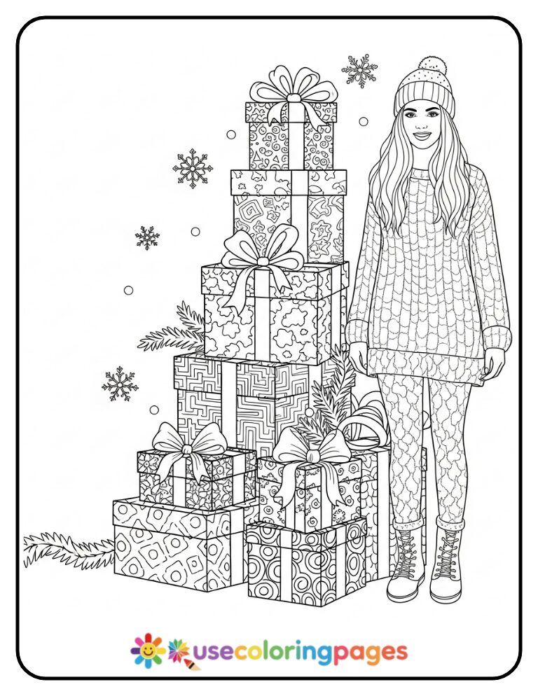 Stacked Presents with Patterns and Ribbons Coloring Page