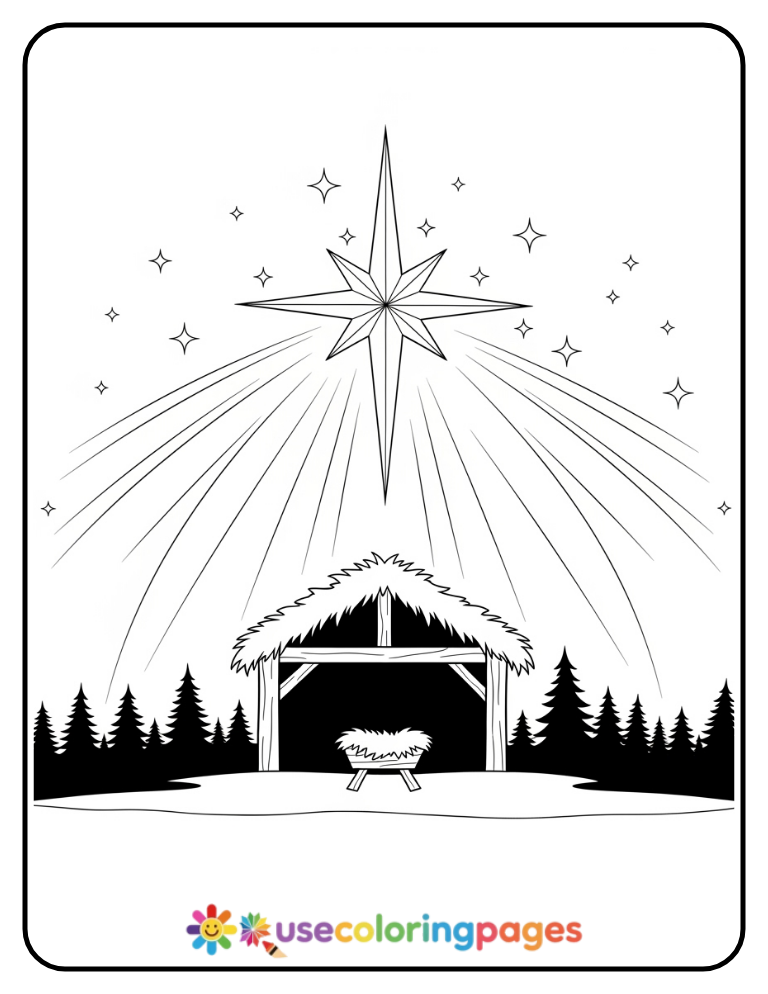 Star of Bethlehem Shining Over the Stable Coloring Page
