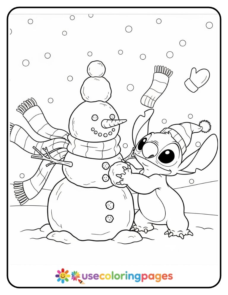 Stitch Building a Snowman Coloring Page