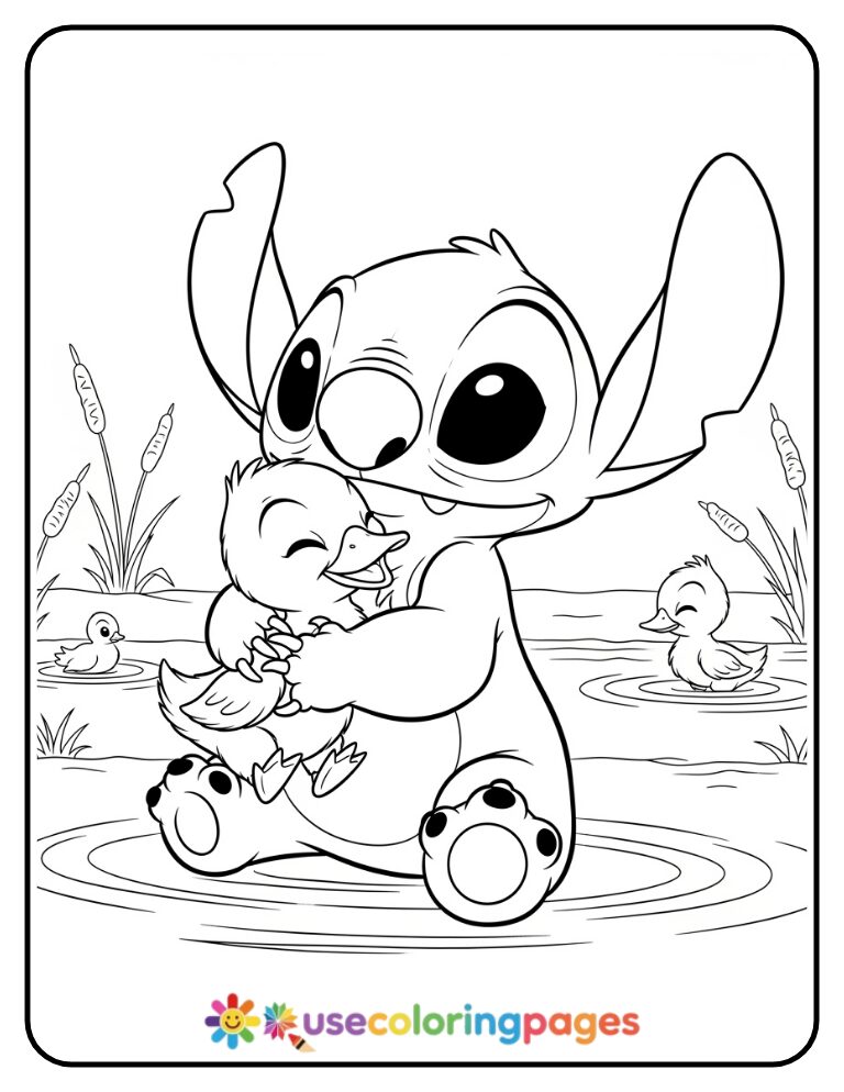 Stitch Cuddling a Tiny Duckling Coloring Page